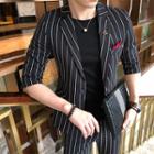 Set: Pinstriped Elbow-sleeve Blazer + Crop Dress Pants