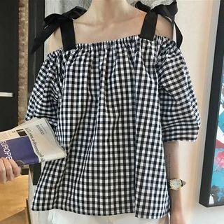 Cold-shoulder Plaid Top Gingham - Black & White - One Size
