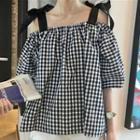 Cold-shoulder Plaid Top Gingham - Black & White - One Size