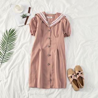 Sailor Collar Puff-sleeve Single-breasted Midi Dress