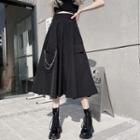High Waist Chain Accent Slit Midi A-line Skirt