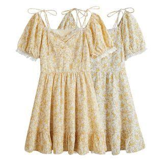 Short Sleeve Floral Print Lace Trim Dress