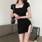Short-sleeve Lace Trim Sheath Dress Black - One Size