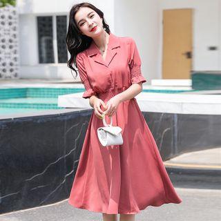 Collared Short-sleeve Chiffon Midi A-line Dress