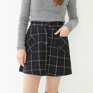 Button-front Check A-line Mini Skirt