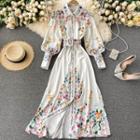 Print Lapel Puff-sleeve Dress