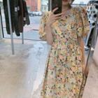 Puff-sleeve Floral Square-neck Print High-waist Midi Dress