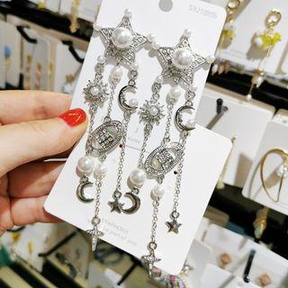 Faux Pearl Rhinestone Moon & Star Fringed Earring 1 Pair - As Shown In Figure - One Size