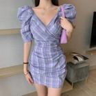 Plaid Puff-sleeve Shirred Mini Bodycon Dress