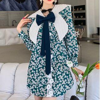 Long-sleeve Wide Collar Floral Mini Dress