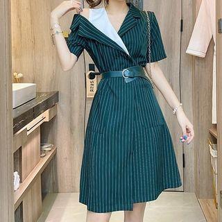 Asymmetric Cold-shoulder Panel Pinstriped Mini A-line Blazer Dress