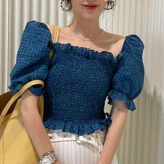 Puff-sleeve Ruffle Trim Cropped Blouse Blue - One Size