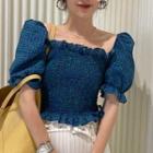 Puff-sleeve Ruffle Trim Cropped Blouse Blue - One Size