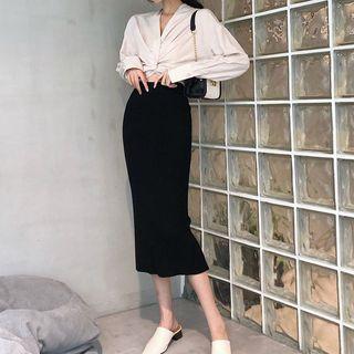 Knot-front Cropped Shirt / Midi Knit Skirt