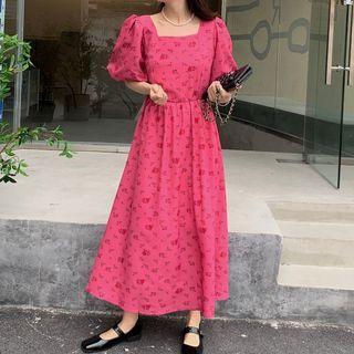 Puff Sleeve Square Neck Floral Maxi A-line Dress