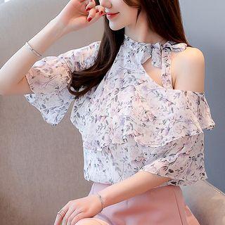 Short-sleeve Cutout Floral Blouse