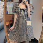 Puff-sleeve Square-neck Ruffle Trim Panel Plaid Dress