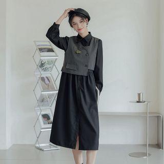 Set: Midi A-line Shirtdress + Irregular Button Vest