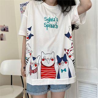 Short-sleeve Cat Printed Lettering T-shirt