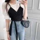 Set: Puff-sleeve Blouse + Cropped Camisole Top