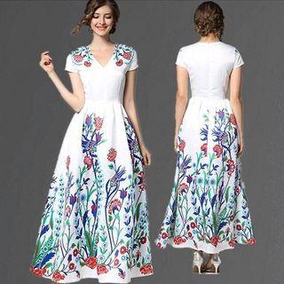 Floral Print Short Sleeve Maxi Evening Dress