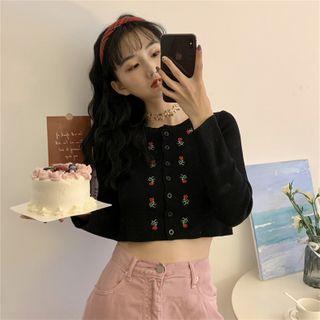 Floral Embroidered Cropped Knit Cardigan Black - One Size