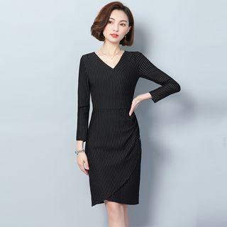 V-neck Striped Long-sleeve Sheath Dress