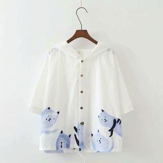 Cat Print Short-sleeve Hooded Shirt