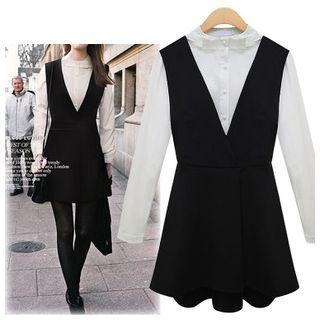 Set: Stand-collar Long-sleeve Blouse + Pinafore