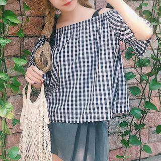 Cold Shoulder Gingham Elbow-sleeve Blouse
