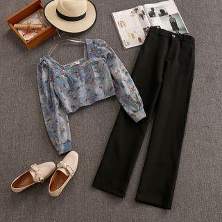 Set: Square Neck Floral Print Denim Top + Wide Leg Pants