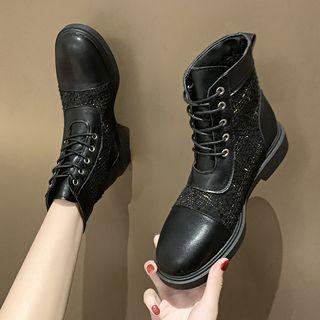 Tweed Panel Lace-up Short Boots