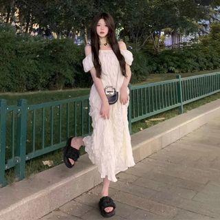 Cold-shoulder Shirred Midi A-line Dress Beige - One Size