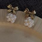 Bow Freshwater Pearl Dangle Earring A901 - 1 Pair - Gold & White - One Size