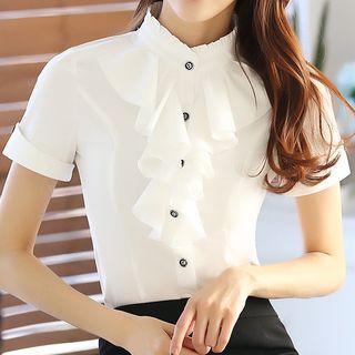 Short-sleeve Ruffled Shirt / Pencil Skirt