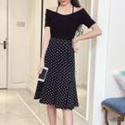 Set: Off-shoulder Short-sleeve T-shirt + Dotted A-line Skirt