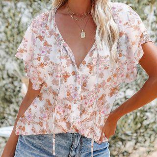 Short-sleeve V-neck Floral Print Light Blouse