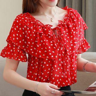 Short-sleeve Flower Pattern Ruffled Chiffon Top