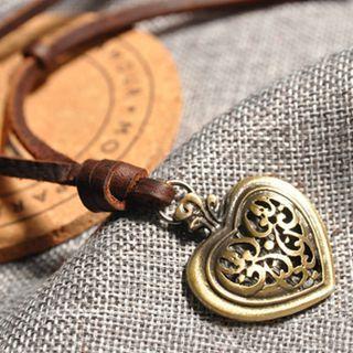 Heart Alloy Pendant Genuine Leather Necklace Copper - One Size