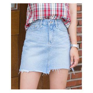 Frayed Asymmetric-hem Denim Mini Skirt