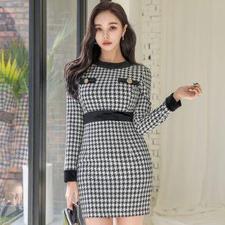 Long-sleeve Houndstooth Mini Dress