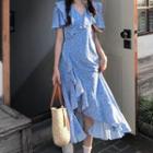 Short-sleeve Ruffle Trim Floral Print Midi Dress Blue - One Size