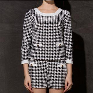 Set: Houndstooth Long-sleeve Top + Shorts