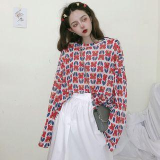 Long-sleeve Flower Print T-shirt / Asymmetric Midi Skirt