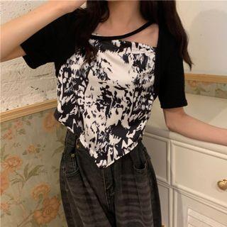 Asymmetrical Short-sleeve Floral Print T-shirt