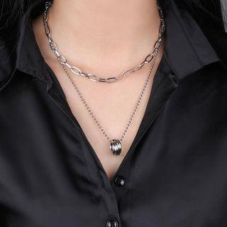 Pendant Layered Stainless Steel Choker Necklace Set Of 2 - Double Layer Necklace - Silver - One Size