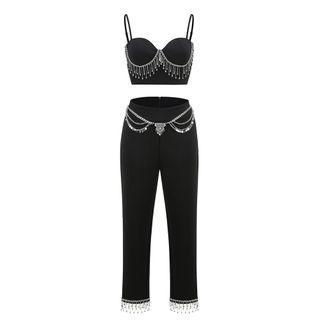 Set: Rhinestone Fringed Cropped Camisole Top + Cropped Leggings