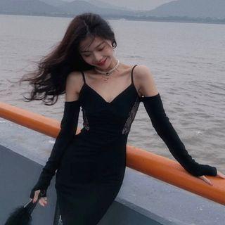 Off-shoulder Lace Panel Slit Midi Sheath Dress
