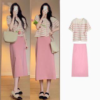 Short-sleeve Striped Cardigan / Midi A-line Skirt / Set