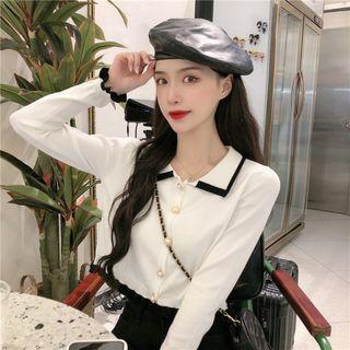 Long-sleeve Contrast-trim Button-up Cropped Top